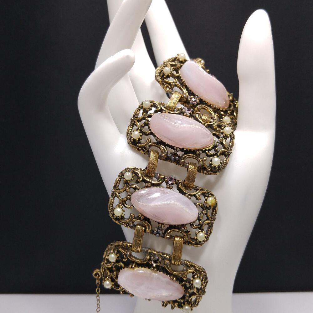 Vintage Pink Art Glass Chunky Link Bracelet Faux Pearl Selini Style